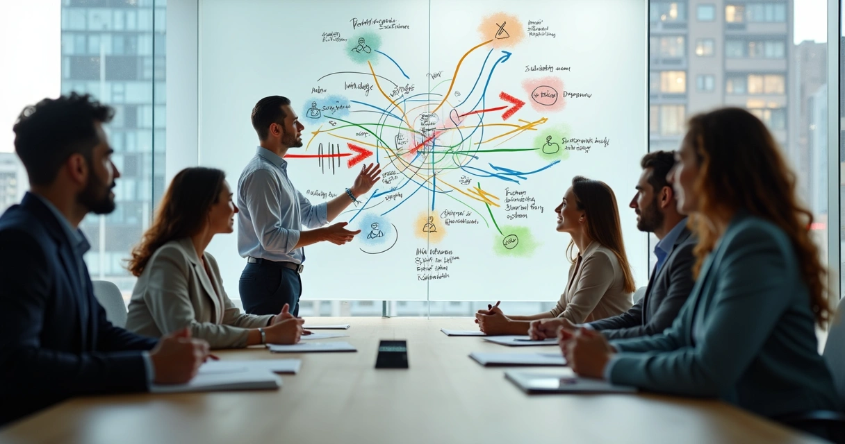 Grupo em reunião olhando um quadro com fluxos de mudança e conexões sistêmicas 