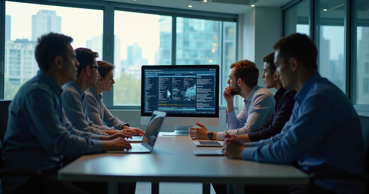 Funcionários reunidos discutindo mudanças tecnológicas