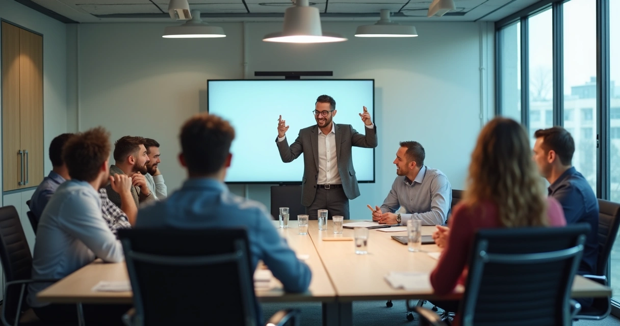 Equipe reunida em sala de reuniões, alguns mostram expressão fechada, enquanto uma pessoa apresenta nova ideia 