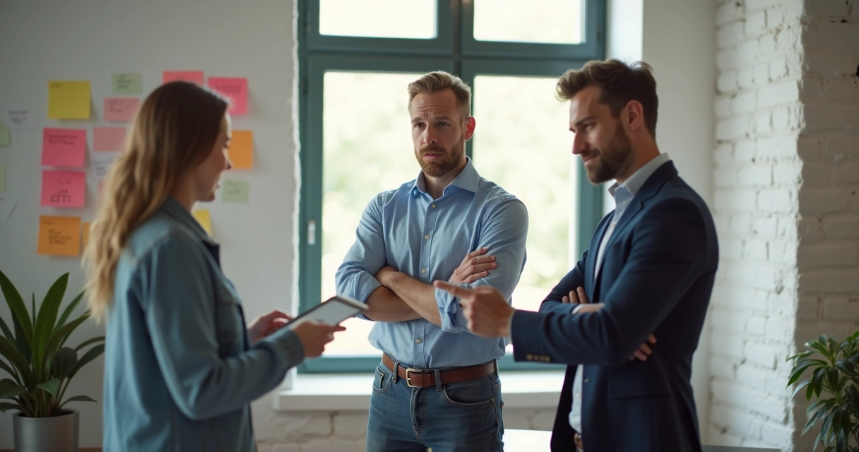 Três pessoas lado a lado, uma delas mostrando resistência a uma ideia com os braços cruzados, outras tentando dialogar. 