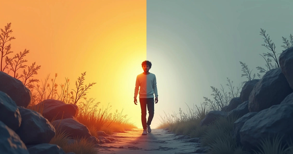 Pessoa dividida em duas metades, uma lado iluminado determinado e o outro escurecido e hesitante, ilustrando conflito interno 