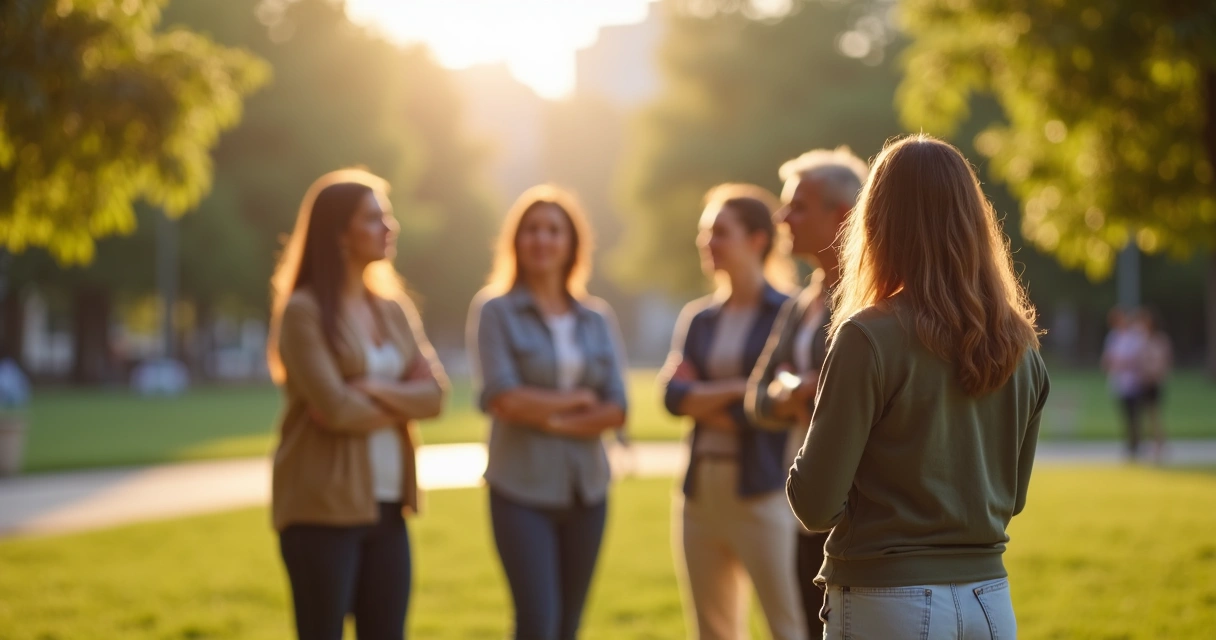 Pessoa de costas levemente afastada de um grupo em roda ao ar livre 
