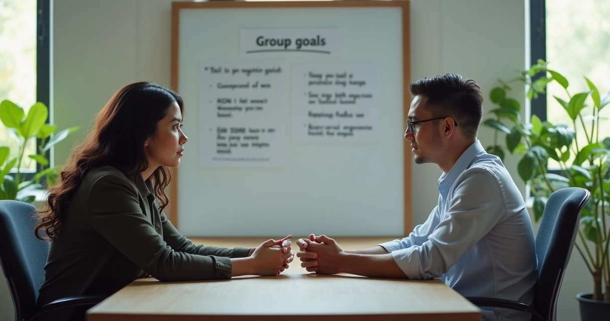 Duas pessoas sentadas frente a frente, parecendo hesitantes diante de um quadro de metas