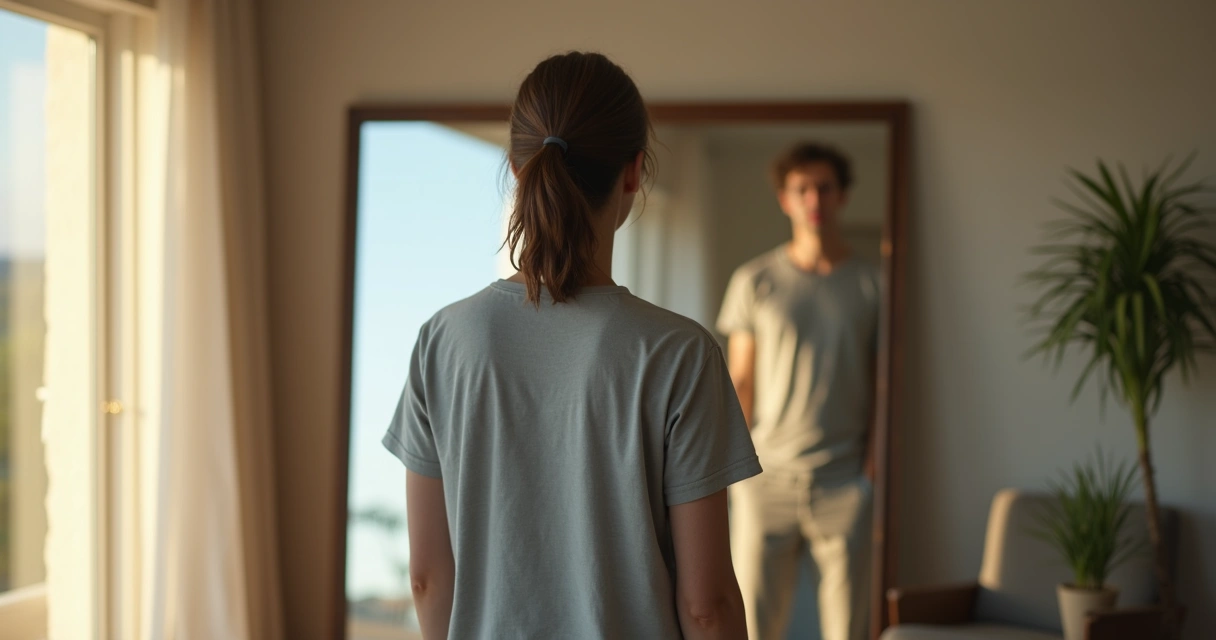 Pessoa diante de espelho com metade do reflexo em paz e metade em conflito interno 