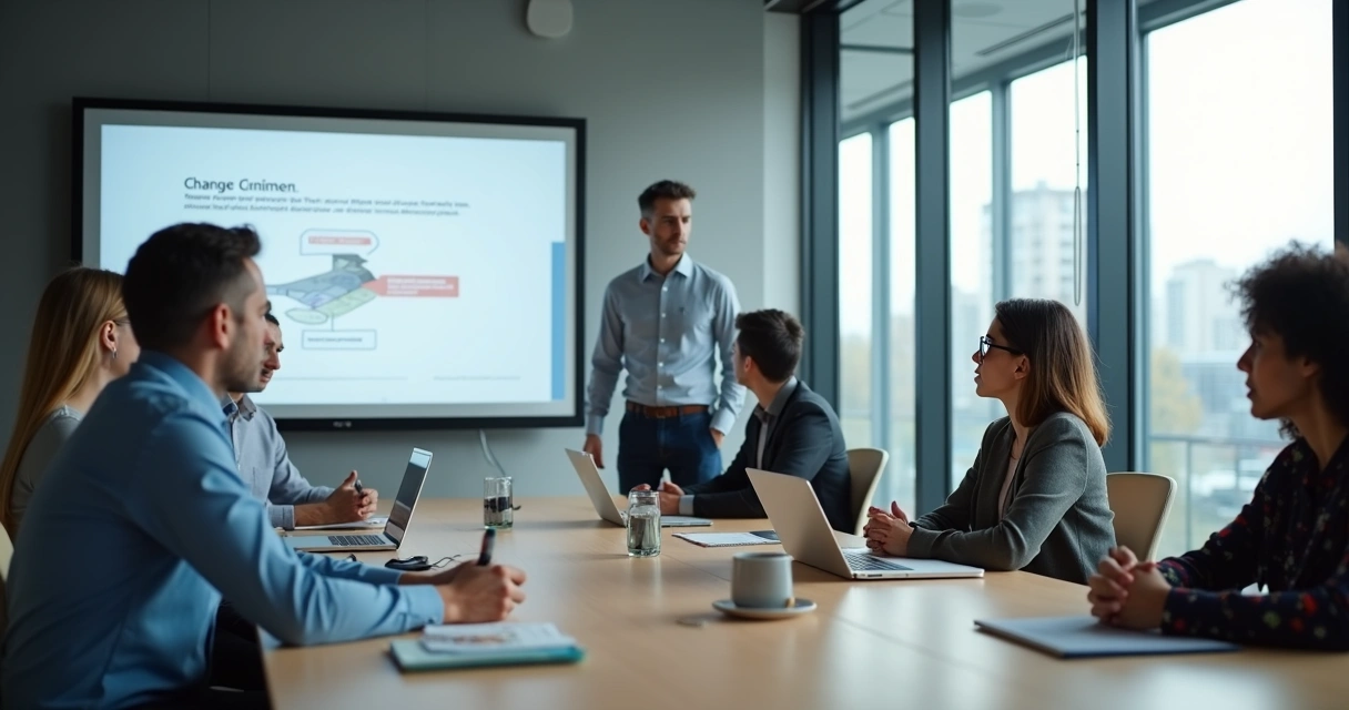 Líder em reunião observando equipe em silêncio diante de mudança proposta 