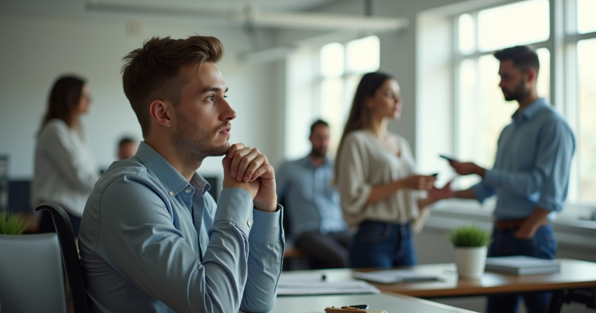 Colaborador pensativo em mesa de trabalho enquanto outros interagem