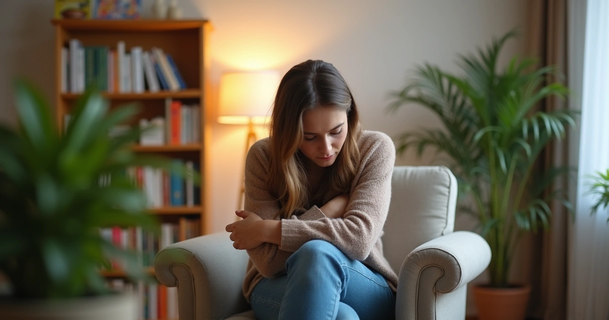 Pessoa sentada em poltrona de consultório olhando para baixo, expressão pensativa 