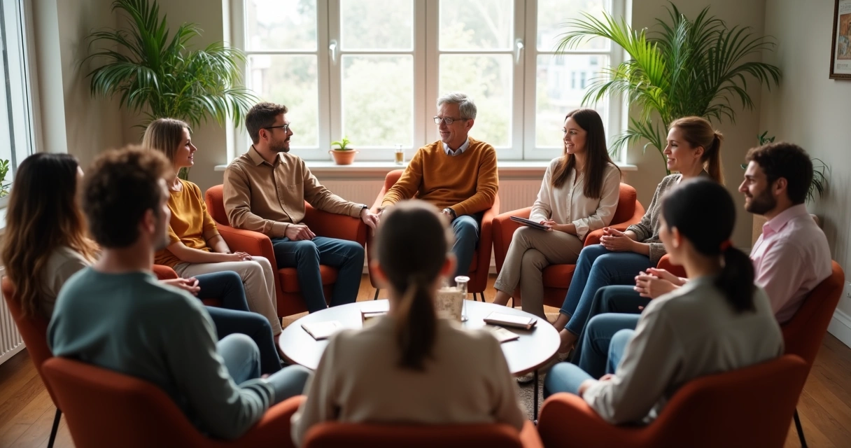 Grupo diverso sentado em círculo dialogando, com posturas relaxadas e atmosfera harmônica, focados numa solução conjunta.