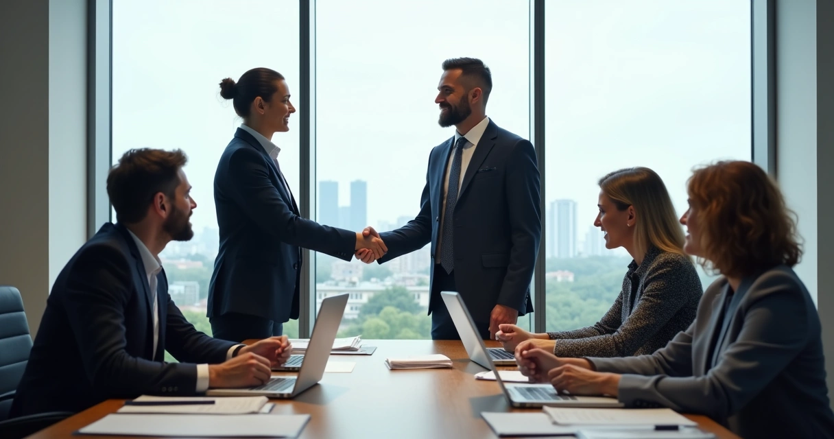 Duas pessoas de culturas diferentes apertando as mãos em um ambiente de trabalho moderno 