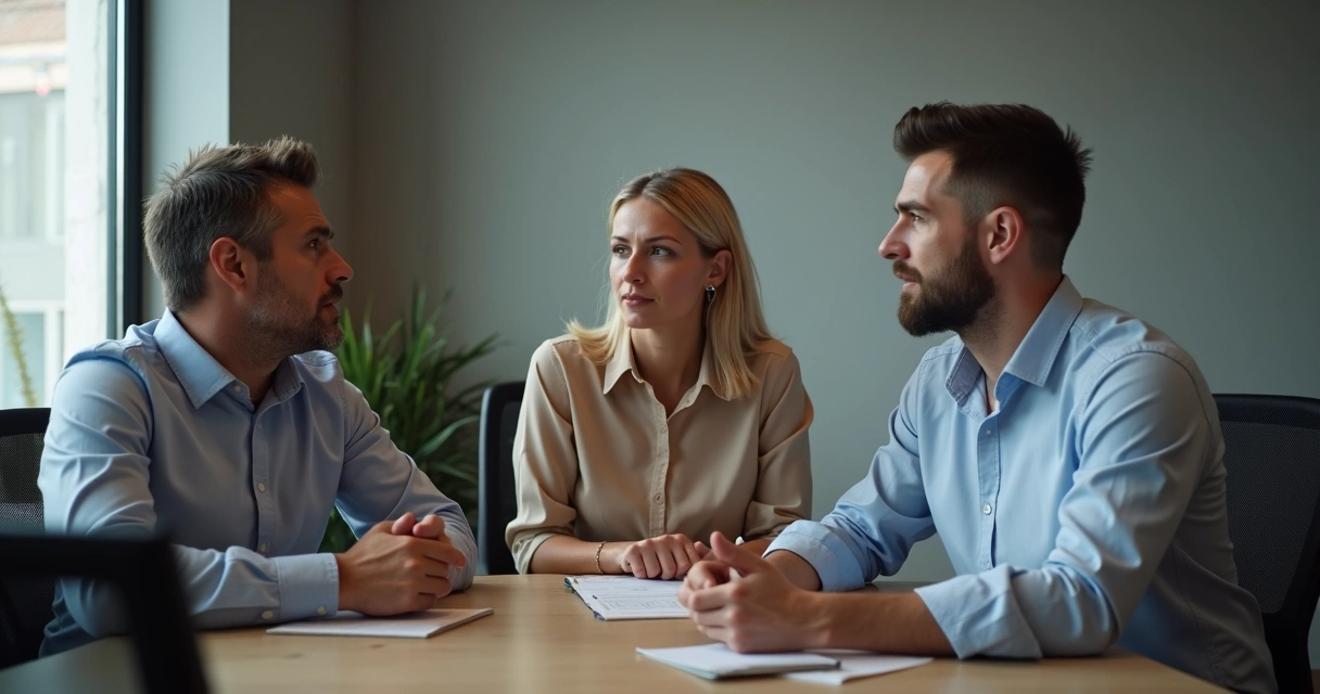Grupo de três pessoas em sala de reunião, conversando calmamente após conflito, com expressão de escuta e colaboração.