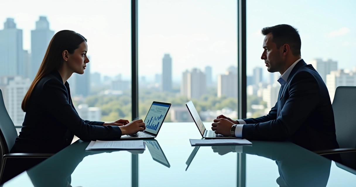 Ilustração de duas pessoas em reunião de arbitragem com documentos legais e ambiente corporativo moderno 