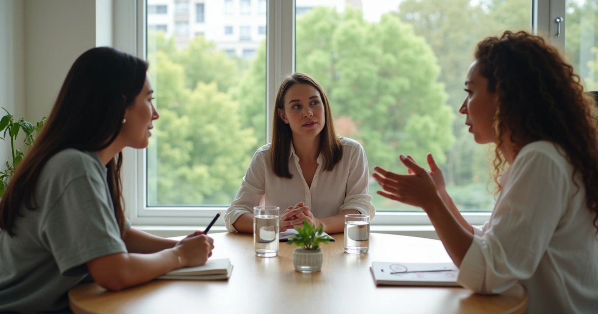 Duas pessoas em diálogo mediado em ambiente calmo, simbolizando resolução de conflitos com consciência 