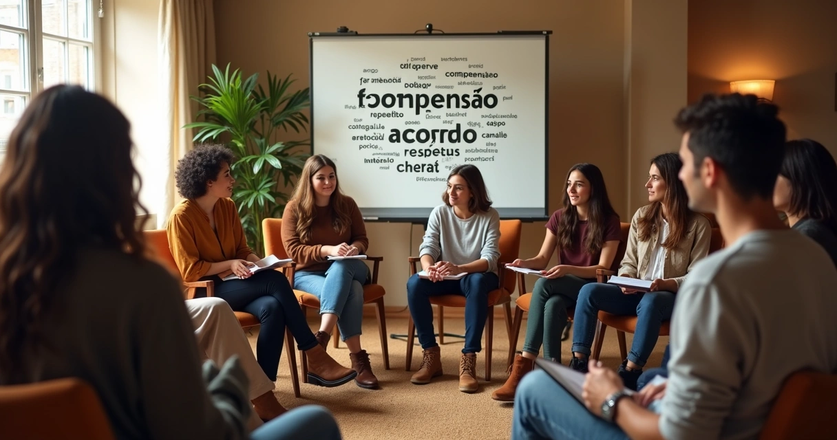 Pessoas sentadas em círculo em ambiente interno discutindo e resolvendo conflitos de forma colaborativa. 