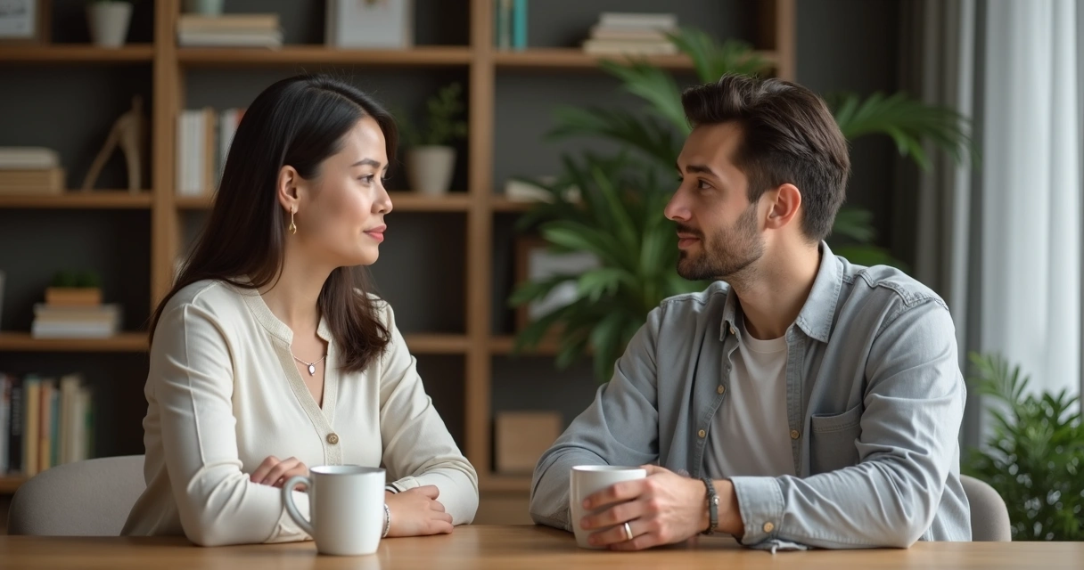 Duas pessoas conversando calmamente em uma mesa, uma segurando uma caneca, ambas olhando nos olhos uma da outra 