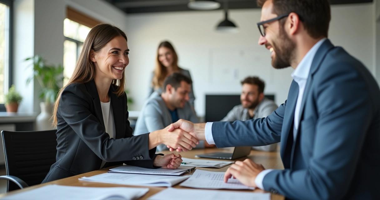 Dois colegas de trabalho apertando as mãos, sorrindo após mediação