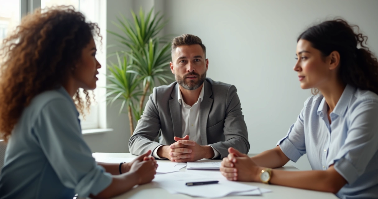 Colaboradores diversos em conversa mediada, promovendo resolução de conflitos 