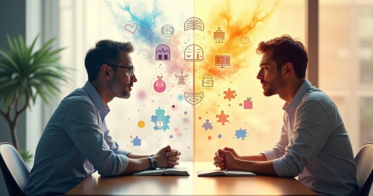 Duas pessoas conversando de forma respeitosa, com símbolos de emoções e lógica ao redor 