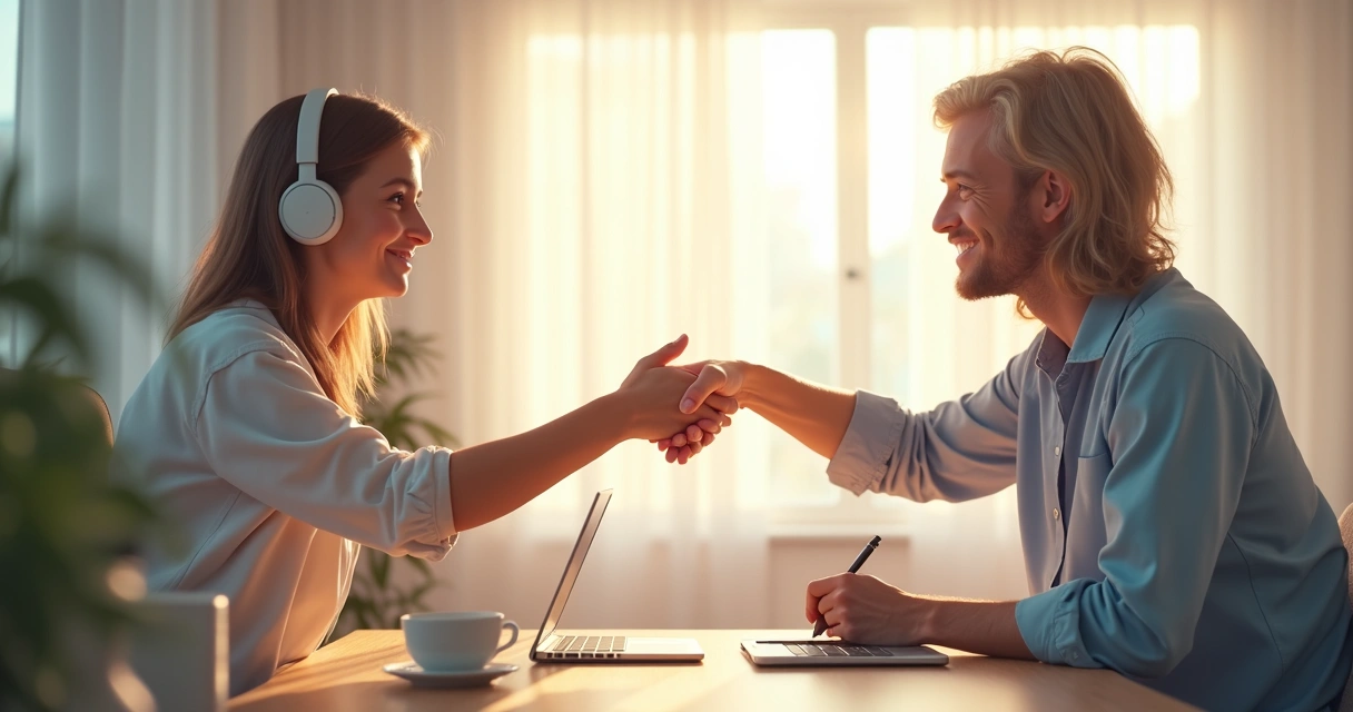 Duas pessoas remotamente apertando mãos virtualmente, ambiente positivo