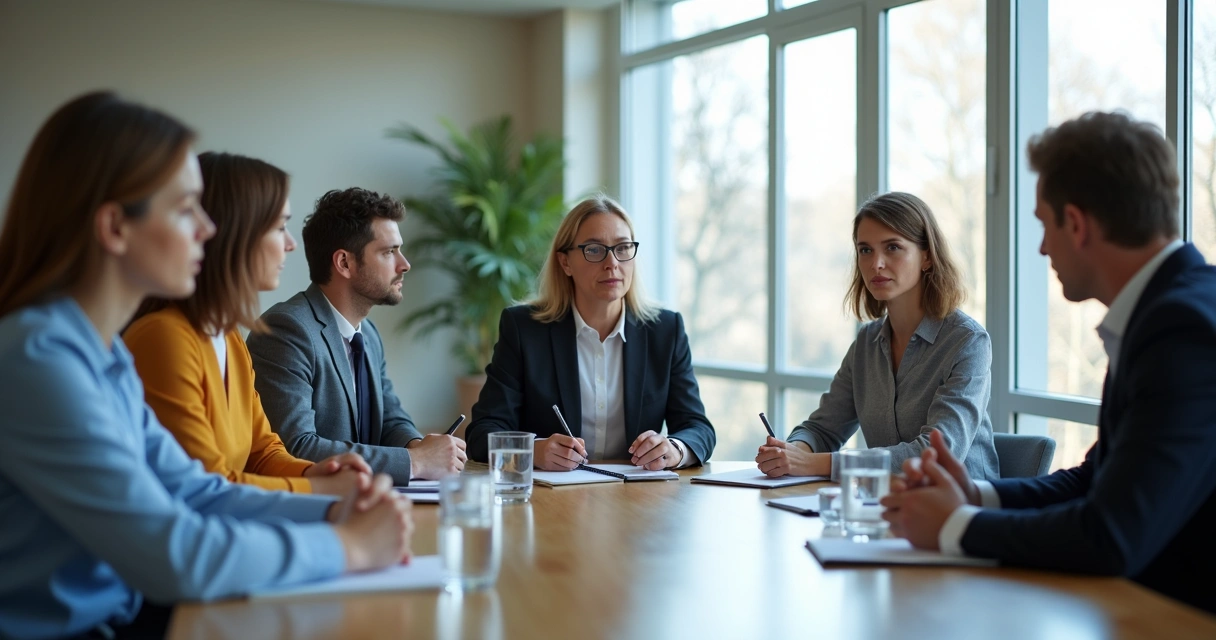 Equipe reunida em torno de uma mesa, discutindo calmamente, com expressão atenta e serena, em um escritório iluminado. 