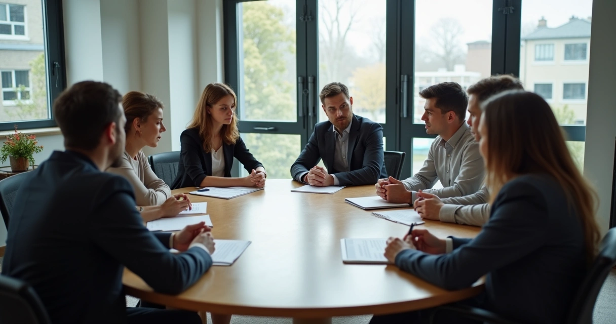 Reunião de time discutindo diferenças em uma mesa redonda 