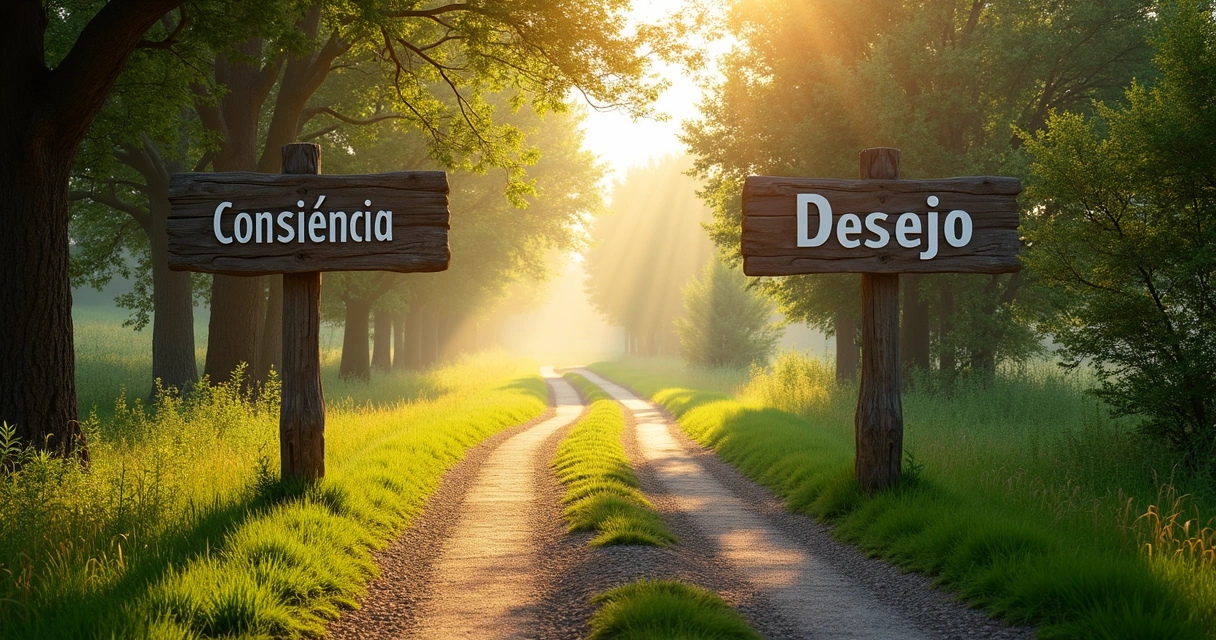 Caminho dividido com placas representando escolhas conscientes 