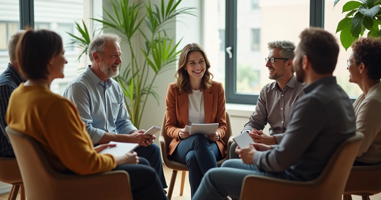 Grupo de pessoas sentadas em círculo conversando em clima leve 