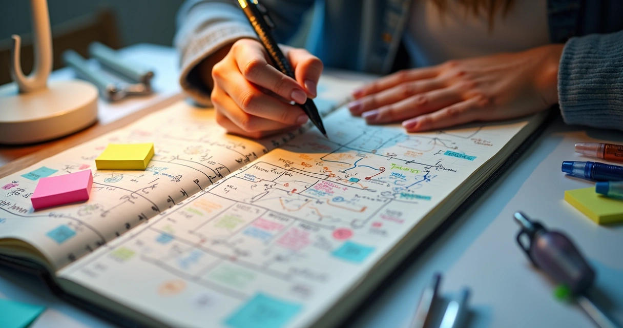 Aluno resolvendo questão interdisciplinar com anotações coloridas