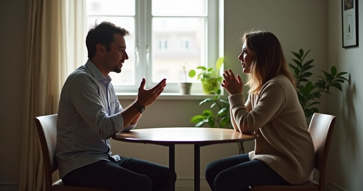 Dos personas conversando sentadas frente a frente en un entorno sereno 