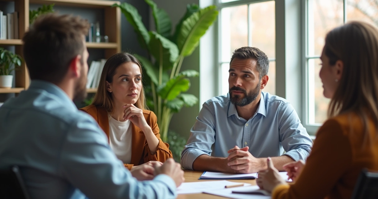 Personas en una reunión conversando y transmitiendo calma 