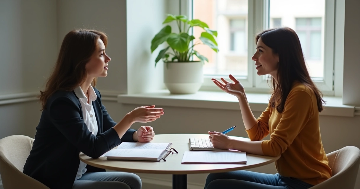 Dos colegas en una oficina dialogando y resolviendo un conflicto de manera amistosa. 
