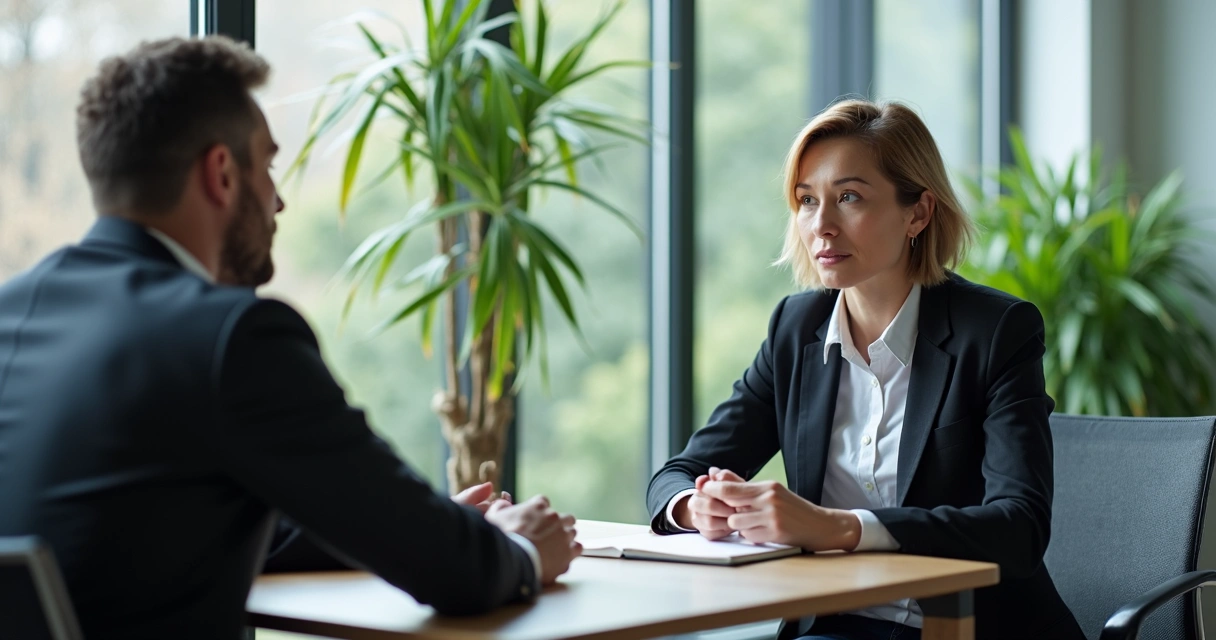 Conversación tranquila entre dos colegas en una sala de reuniones con expresión neutral