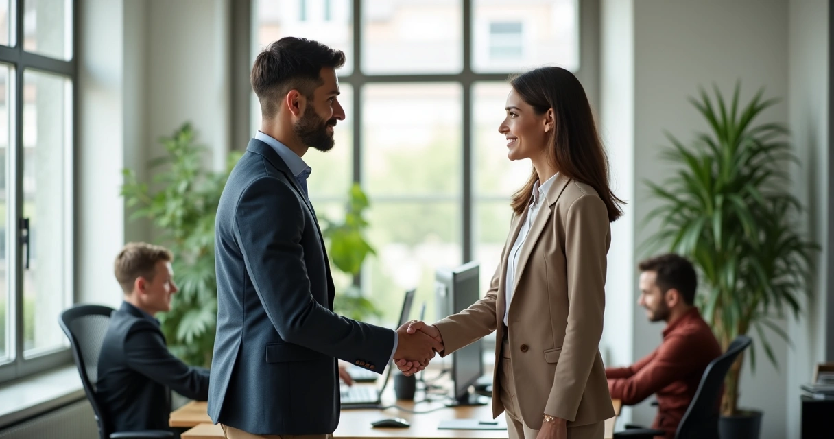 Dos compañeros de trabajo dándose la mano tras resolver un conflicto en la oficina 