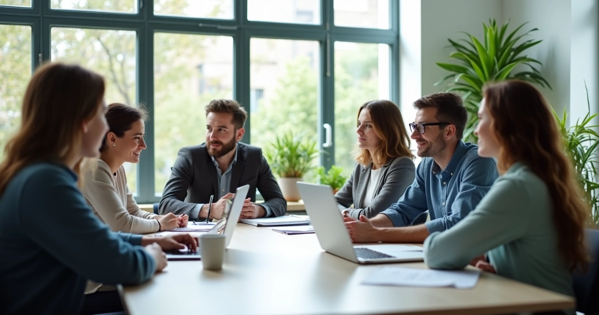 Dos personas discutiendo serenamente en una sala de reuniones ante la mirada neutral de un grupo de colegas 