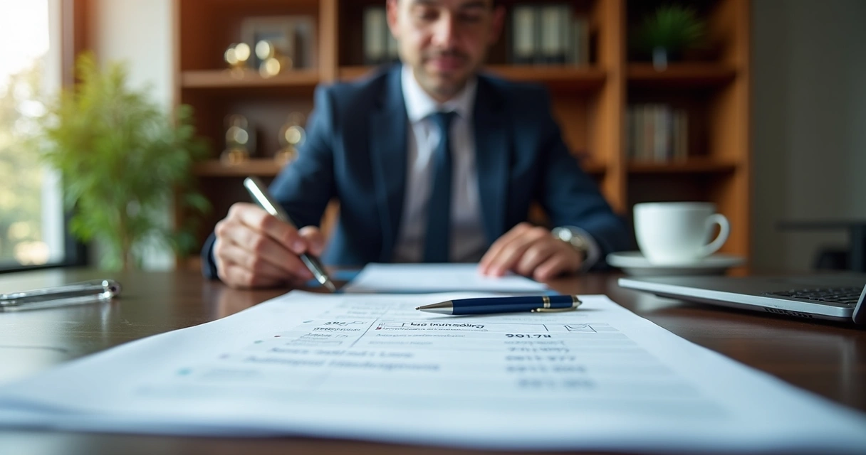 Empresário analisando documentos de FGTS na mesa de trabalho 