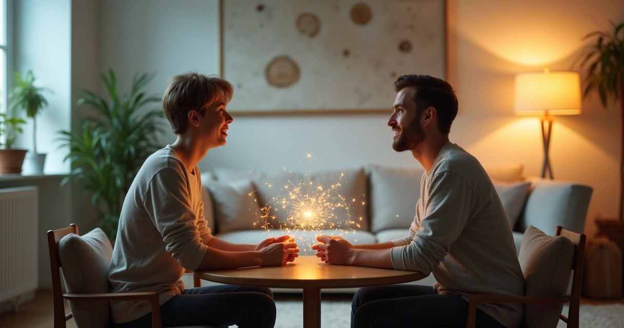 Dos personas conectadas por un patrón de energía sutil entre ellas 