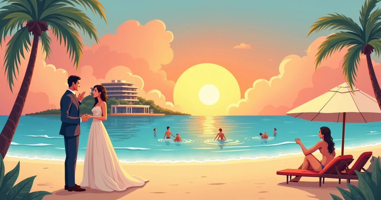 Casal hesitante ouvindo vendedor em resort à praia durante pôr do sol, com elementos que simbolizam cotas de hotel.