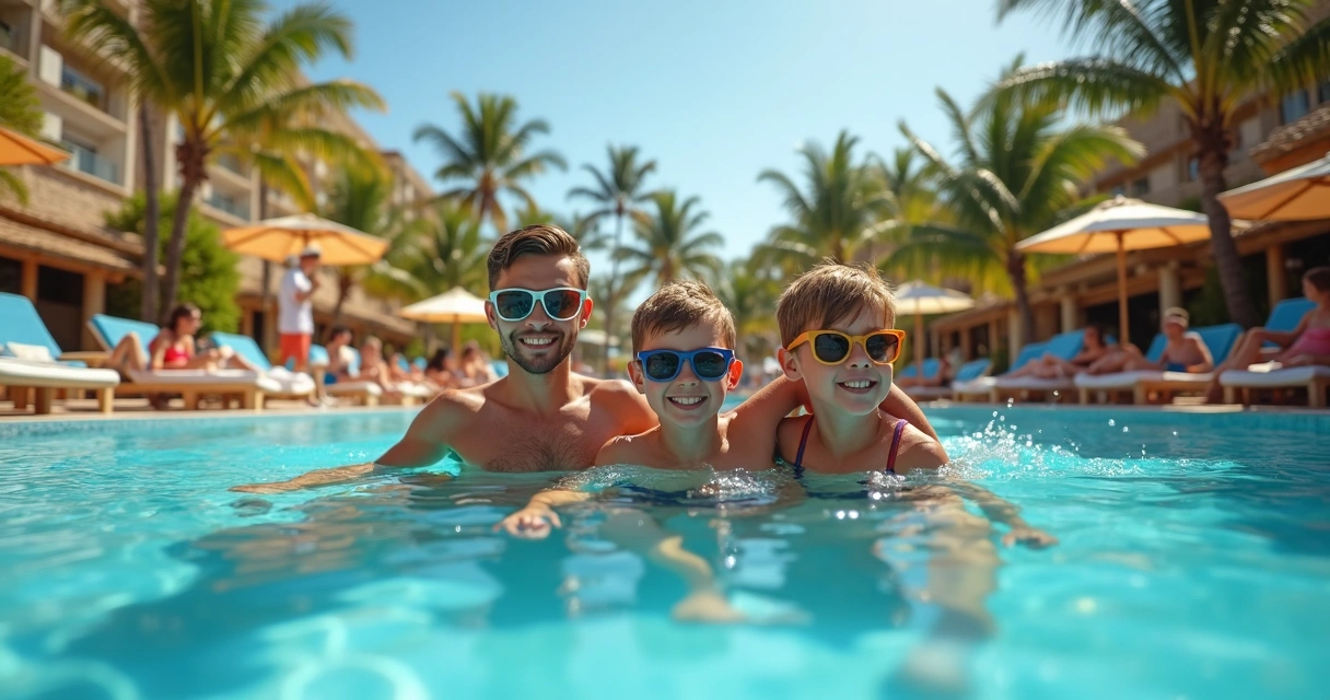 Família aproveitando resort all-inclusive com piscina e comidas disponíveis