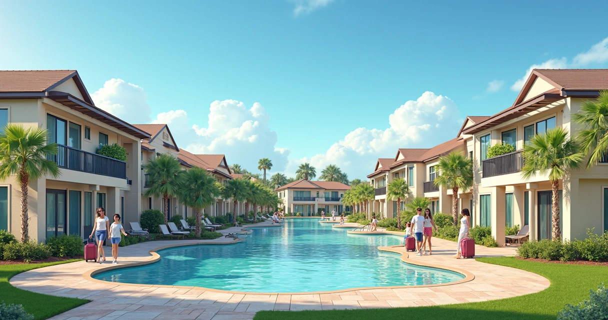 Vista panorâmica de condomínio de luxo em Orlando com casas modernas, piscina ampla e áreas verdes 