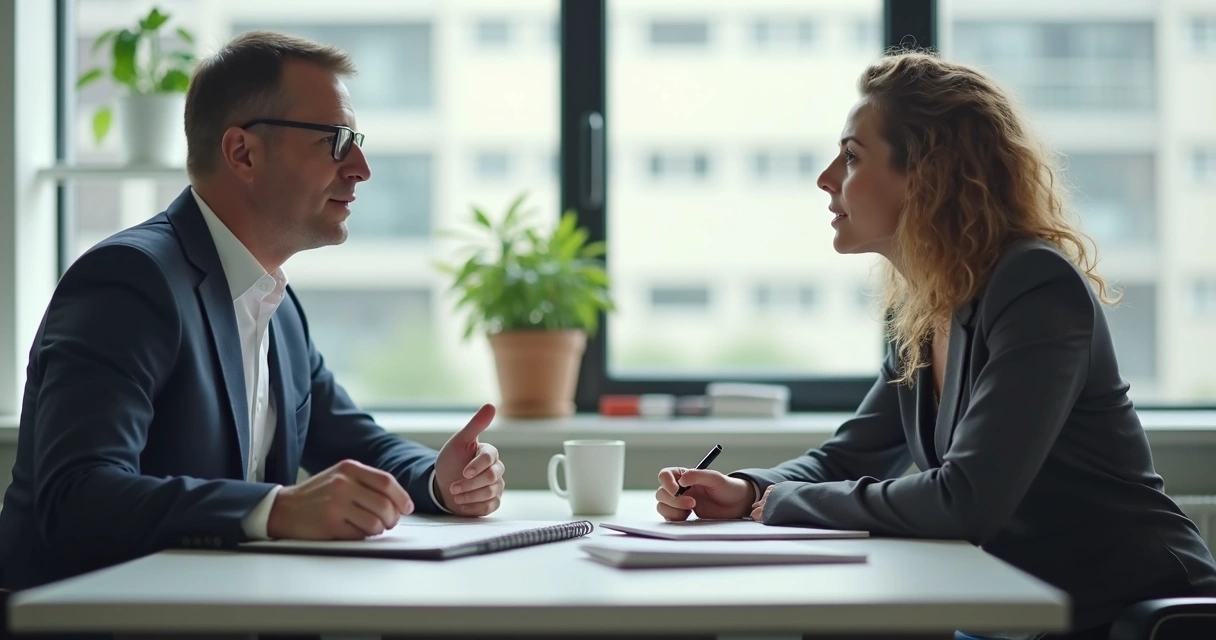 Two coworkers having a calm one-on-one conversation at a desk 