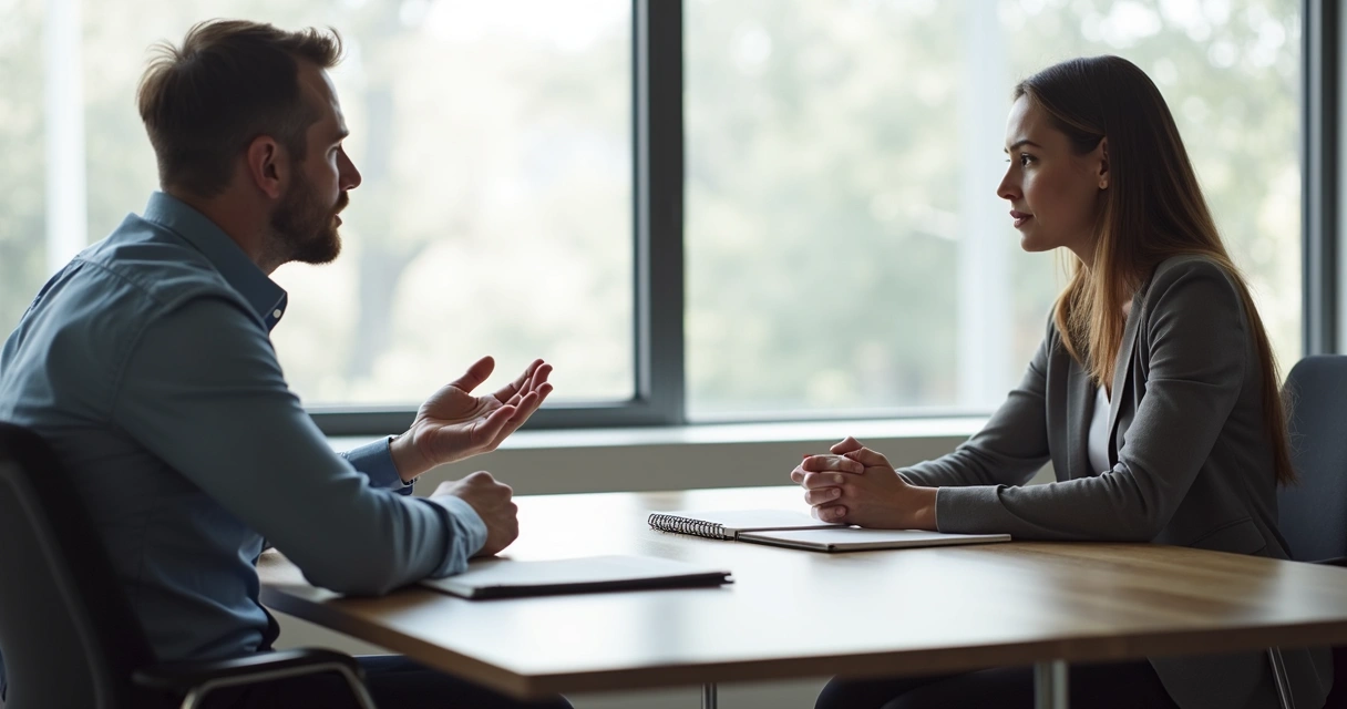 Two colleagues in a calm and respectful feedback conversation 