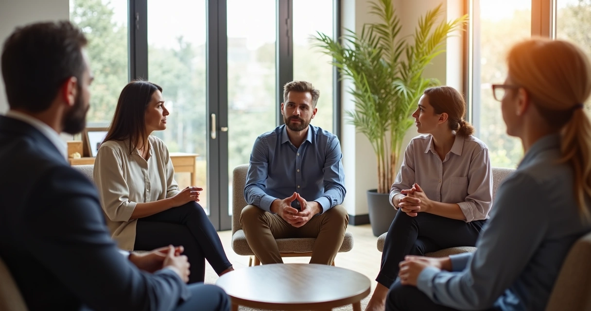 Diverse team in a circle listening to a leader in a calm modern office 