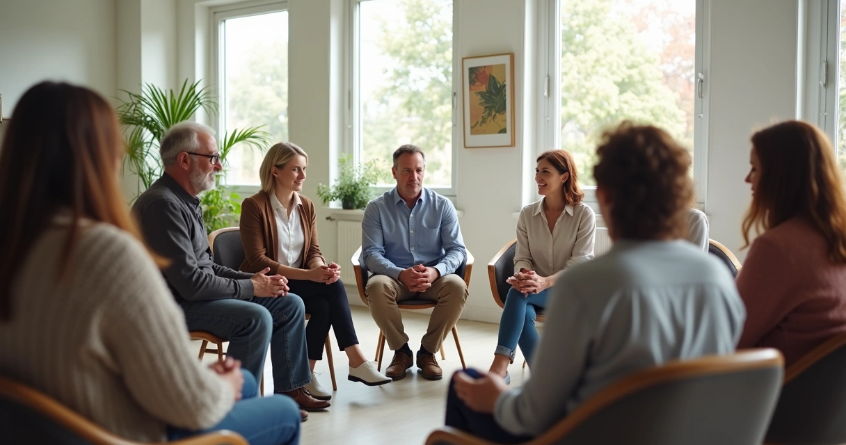 Grupo de pessoas sentadas em círculo conversando de forma amigável, diferentes idades e estilos.