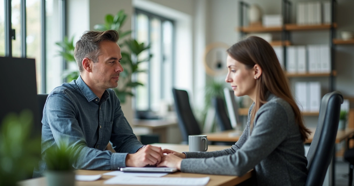 Colega de trabalho atento à expressão do outro, ambos sentados em estações separadas, expressando respeito ao espaço pessoal