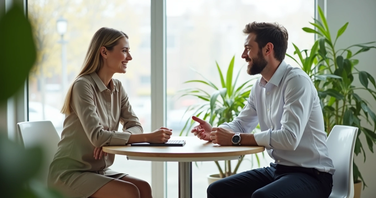 Duas pessoas conversando em uma mesa, mantendo distância saudável 