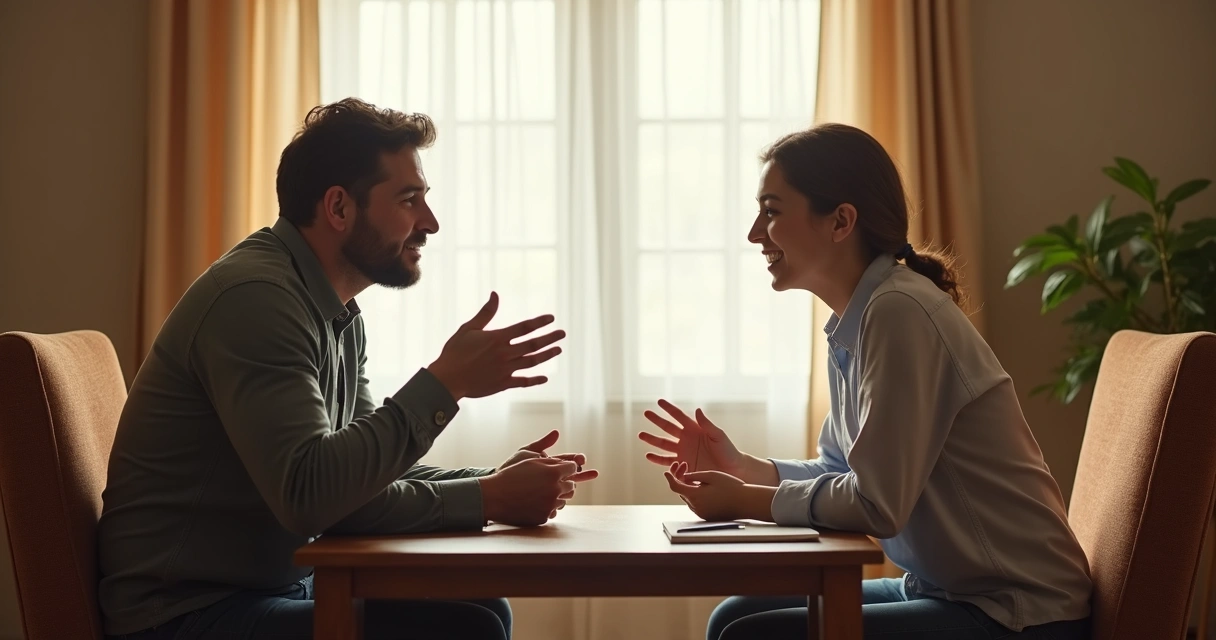 Duas pessoas conversam de frente, cada uma preservando o próprio espaço 