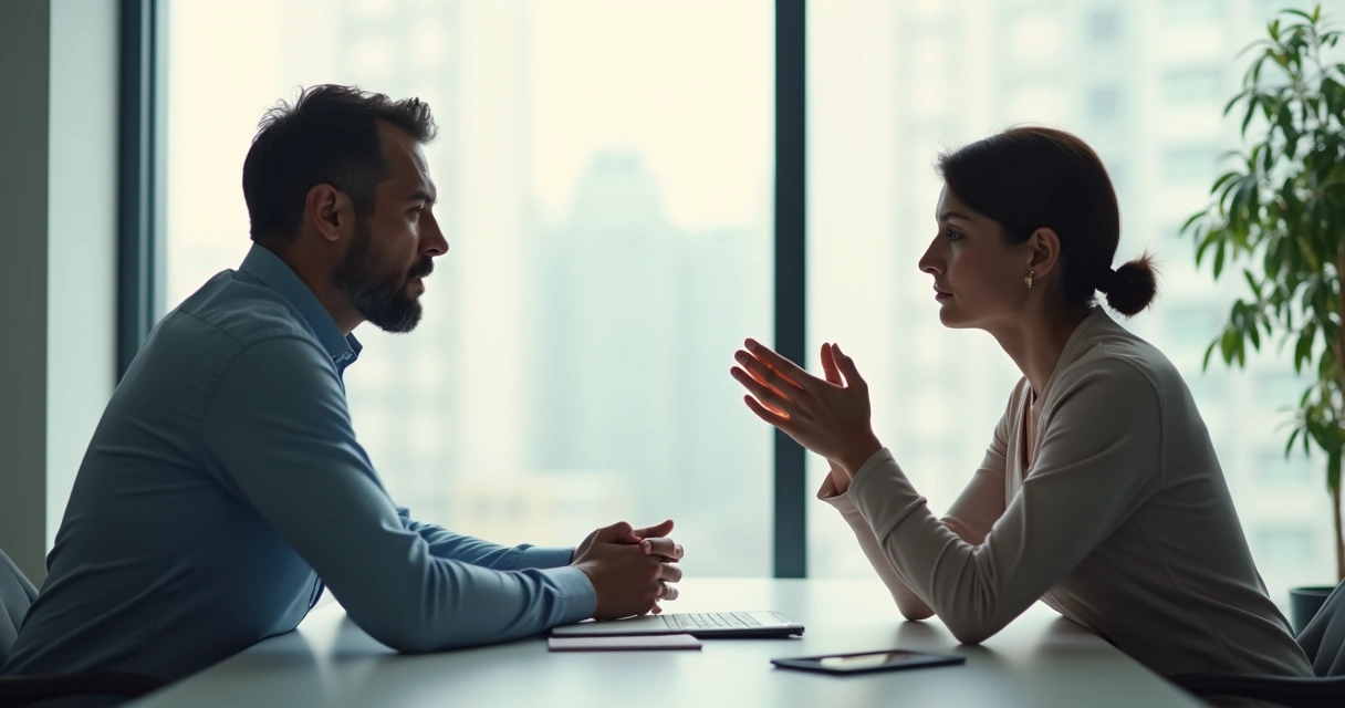 Duas pessoas sentadas frente a frente conversando, uma delas usando gestos delicados de recusa, ambiente claro, atmosfera de respeito 