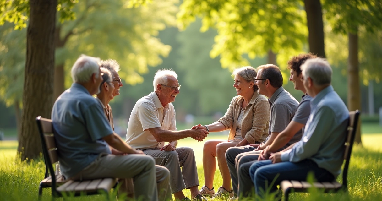 Grupo de pessoas de diferentes idades sentados juntos trocando sorrisos e apertos de mão em um parque