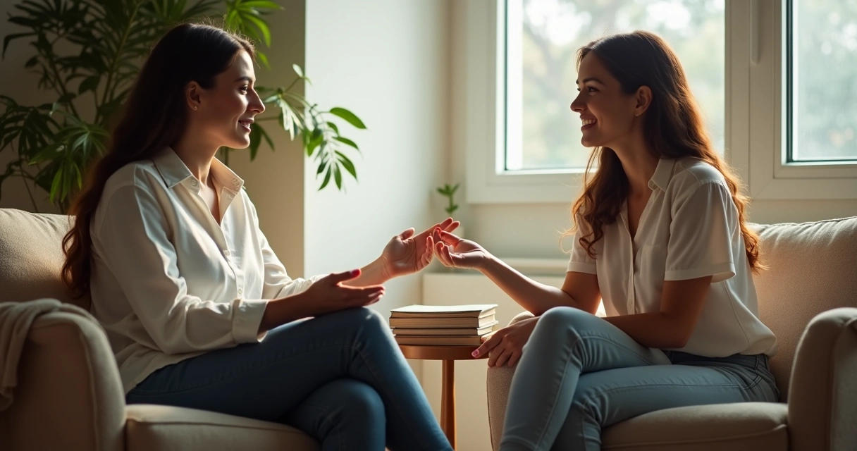 Duas pessoas conversando calmamente em uma sala clara 