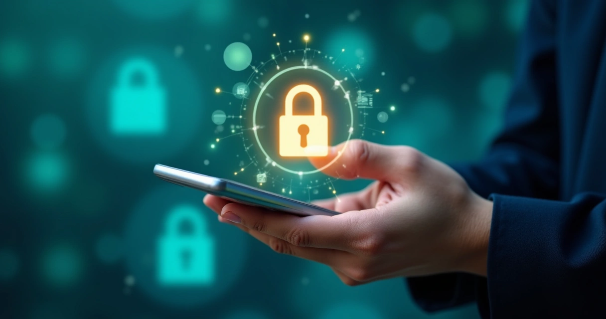 Pessoa tocando na tela de um smartphone com símbolo de cadeado digitalizando privacidade 