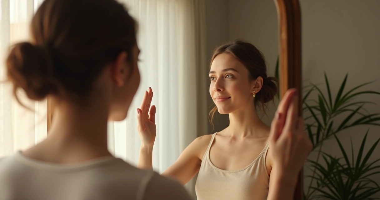 Pessoa olhando seu reflexo no espelho com expressão tranquila 